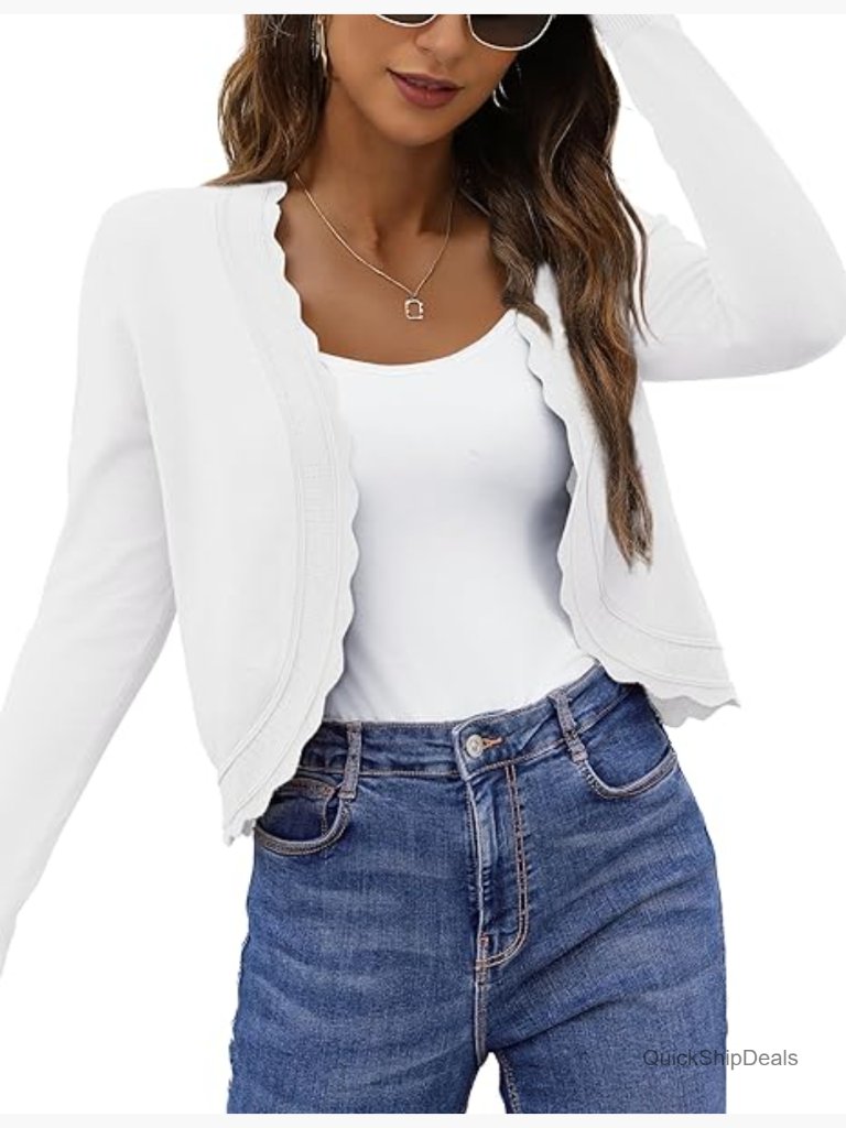 Long Sleeve Open Front Cropped Cardigan Shrug Lightweight Knit